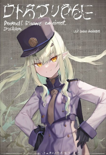1girl, Melusine \(fate grand order\), fate grand order, solo, long hair, hat, white hair, pointy ears, yellow eyes, peaked cap, jacket, black gloves, hand on own hip, closed mouth, hair over one eye, looking at viewer, brown necktie, large breasts, eyes visible through hair, smile, long sleeves, side ponytail, gloves, upper body, light green hair, character name, necktie, breasts, english text, blush, black headwear, white jacket, 
masterpiece,best quality,  newest, absurdres, safe <lora:ag31_twin_fp8-000036:1>