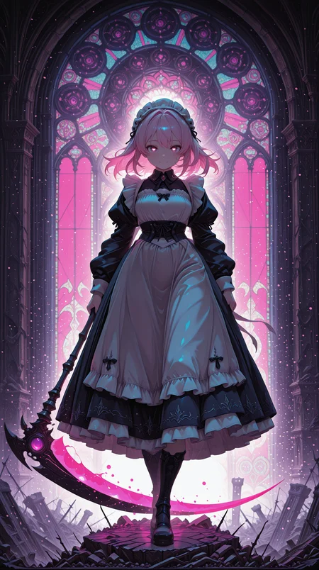 1girl, glowing scythe, gothic cathedral ruins, dark fantasy, stained glass, eerie lighting, dramatic shadows, fantasy setting, mysterious masterpiece, best quality, amazing quality, very aesthetic, absurdres, detailed eyes, newest, <lora:CivChan:1>, CivChan, purple eyes, pink hair, maid outfit, <lora:PinkieNeonAnimeIL:0.5>, neon illustration in the style of pinkneonanime,