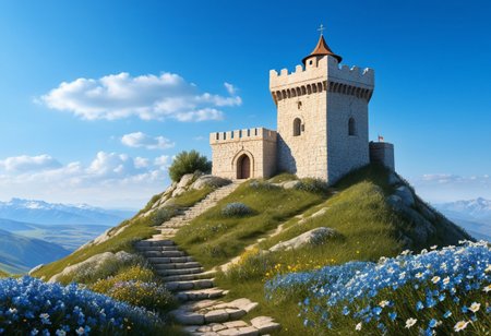 a  crusader watchtower on a knoll,  (13th Century:1.5), a stairway to the watchtower, gate, doorway, very wide shot, far out shot, fantasy, blue sky, alpine meadow flowers, best quality, masterpiece, realistic, photo-realistic, amazing, finely detail, ultra-detailed, highres, extremely detailed, 8k wallpaper