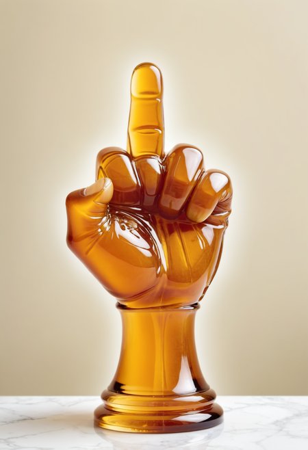 a trophy hand fist sculpture made of dvr-honey, with the words "RECTAL USE ONLY", palm facing the viewer
<lora:HoneyStyleV2:0.8>