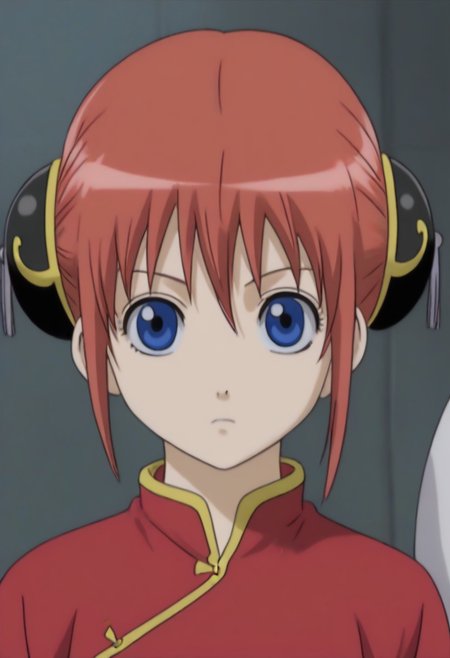 <lora:Kagura:0.8>blue eyes, red hair, Kagura red cheongsam with yellow piping outfit, Chinese clothes, double bun, bun cover, China dress,