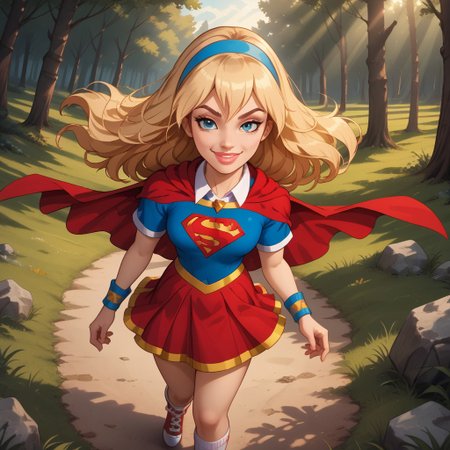 score_9, score_8, BREAK, solo, Supergirl_(DC_Super_Hero_Girls), 1girl, blonde hair, long hair, blue headband, blue eyes, makeup, pink lipstick, blue shirt, short sleeves, collared shirt, red cape, red skirt, bracelet, necklace, red shoes, white socks, self portrait, smile, looking at viewer, outdoors, sunlight, shadows, evening lighting, natural lighting, forest, trees, grass, orange sky, sunset