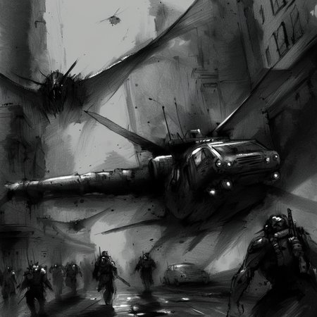 drawix8 invasion of the oppressors, vehicles flying down the big city, dark atmosphere, terror, expressive <lora:drawix8:1>