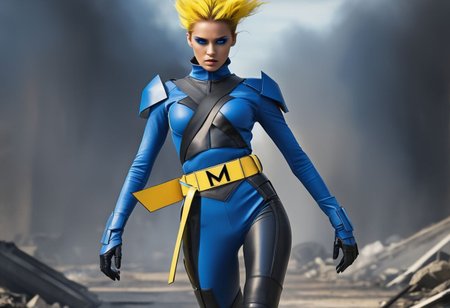1girl, fashion, high quality photo, Runway fashion, beautiful model, striking features, strange outfit colored blue yellow and black, X-Men logo belt,sfw, battle stance, glowing eyes, battlefield, burning rubble