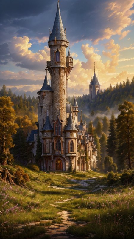 Masterwork Painting, Magnum Opus, 
 <lora:Wizard_Tower:0.75> witow, castle, cloud, cloudy sky, grass, no humans, scenery, sky, tower, tree, <lora:Fantasy_Mountains:0.75> fanmou, footprints, forest, grass, nature, no humans, outdoors, sky, tree,
  highres, 8k, uhd, High Dynamic Range, tonemapping, crisp details,  intricate details, fine details