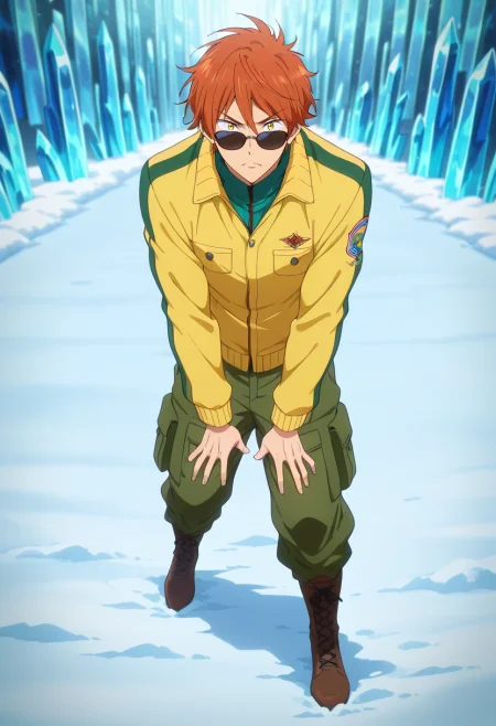 masterpiece, best quality, intricate details, anime screencap, anime coloring, , looking at viewer, 1boy, solo, male focus, <lora:momotarou_mikoshiba_ilxl:0.92>, momotarou_mikoshiba, orange hair, yellow eyes, ice labyrinth, frost patterns, crystal walls, snow drifts, exploring pose, determined expression, filtered light, Cargo pants, Polo jacket, Monk strap boots, , and andSunglasses