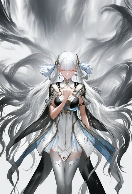 solo, 1girl, long hair, dress, thighhighs, closed eyes, hand on own chest, earrings, jewelry, breasts, white background, white hair, very long hair, hair ornament, closed mouth, blunt bangs, white thighhighs <lora:YLXL_NBVP1_lokr_V6311P:0.95>