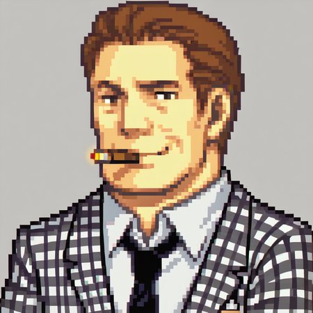 score_9, score_8_up, score_7_up, source_anime BREAK 1boy, solo, <lora:zs_FEGBAPortraitsXL:1> fegbaportraits, portrait, white background, simple background, <lora:benny-fnv-richy-v1_pdxl:0.8>  benny, brown hair, short hair, checkered suit, black necktie, cigar, smirk