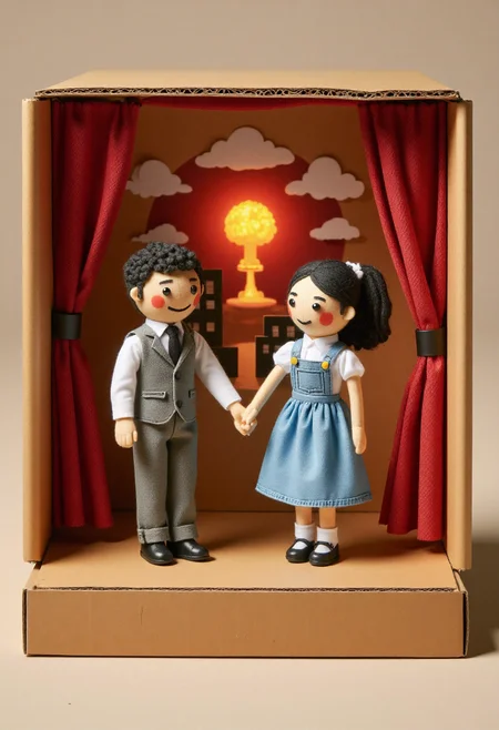 <lora:Finger_Puppet_Theater_FLUX-000013:0.9>
The image is a photograph of a whimsical, handcrafted diorama with a cardboard box set up as a stage,  featuring  A man and a woman holding hands, with a nuclear mushroom cloud in the city background