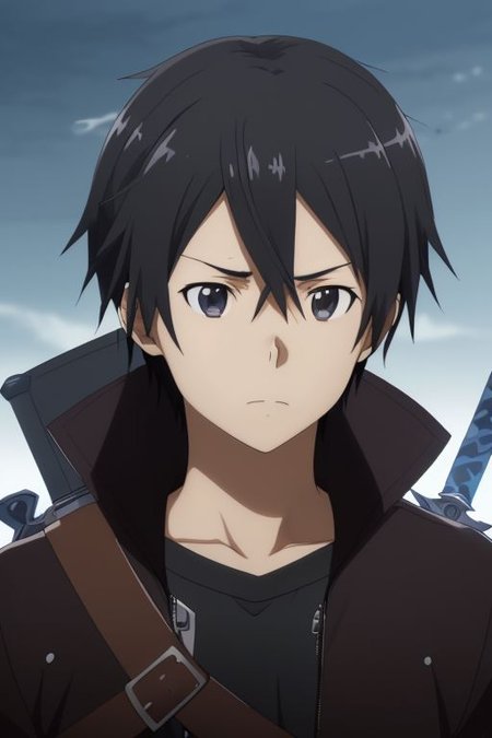 high resolution, solo, best quality, 1Boy, Kazuto Kirigaya, portraits, Black Hair, Black Eyes, Dual Sword, Battle, OverallDetail