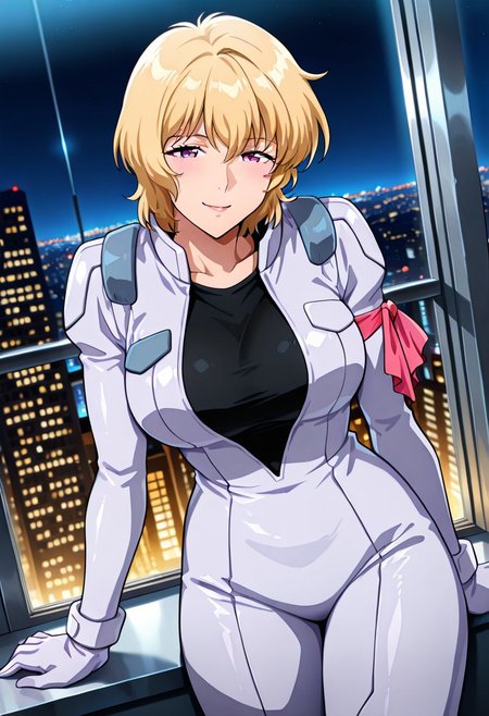 ((masterpiece, absurdres)), best quality, amazing quality, newest, 4k, anime coloring, very aesthetic, ray tracing, Smooth Quality, CG,city view,peggy, 1 mature female, blonde hair, short hair, pilotsuit, black t-shirt, arm ribbon,
