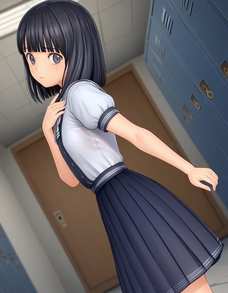 score_9, score_8_up, score_7_up, source_anime, <lora:rinze-himenogi-ingame-ponyxl-lora-nochekaiser:1>, rinze himenogi, bangs, black hair, blunt bangs, black eyes, 3d, skirt, dress, school uniform, short sleeves, puffy sleeves, black dress,, school hallway, lockers, between classes, everyday life, , , from side, solo,, dutch angle,