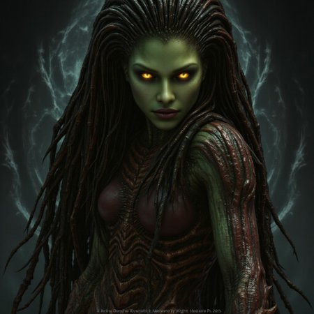 aidmafluxpro1.1, aidmarealisticskin, The image is a photograph of a female humanoid alien figure, likely a movie poster. The creature has an elongated, humanoid body with a female, muscular, athletic build. Its skin is a blend of dark green and reddish tones, with a scaly, textured surface that suggests a reptilian or insectoid origin. The creature's face is striking, with sharp, angular features, glowing yellow eyes, and a mouth filled with sharp teeth.