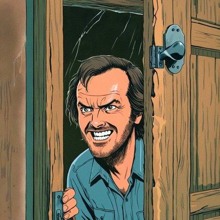 anime artwork of  <lora:perfection style:0.5> <lora:detailed:0.5> perfection detailed
 <lora:The Shining film style:1>
Jack Torrance In the 1980's in the Colorado Rocky Mountains a man with a beard and a shirt is looking through a broken door with a creepy smile,solo,open mouth,1boy,male focus,teeth,facial hair,portrait,meme,realistic,mustache,stubble,wrinkled skin , cinematic, film, kodak, The Shining film style, here's johnny style, anime style, key visual, vibrant, studio anime,  highly detailed