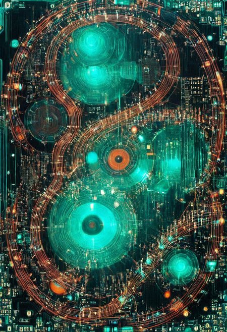 double exposure of opera diva Hatsune Miku with long floating aqua twintails singing high note blending  with a printed circuit board of Yamaha electronics chip processor, <lora:DoubleExposure:1>, (head:1.8), <lora:The Phantom of the Opera style:1.5> The Phantom of the Opera style, <lora:loraeyesxl:0.4>