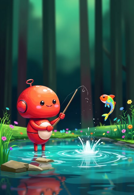A cute translucent red robot fishing at the pond, Surrounded by A dense forest with colorful flowers scattered all around, a colorful fish jumps out of the pond creating a small splash, colorful scene with natures creatures lurking about, vibrant glow