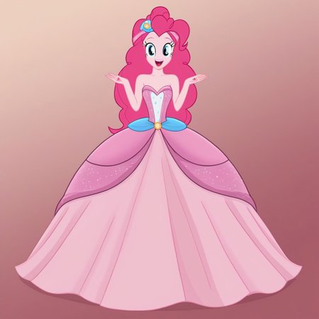 pinkie pie, solo, 1 girl, blunt bangs, Blue eyes, long hair, makeup, pink hairband, Very long large straight tulle pink princess ball gown hoop skirt, ball gown hoop skirt, pink princess dress, hoopdress, my big princess gypsy wedding dress, ballgown, a girl in a dress posing for a picture, wearing a sleeveless ballgown, looking at viewer and smiling, blowing kisses