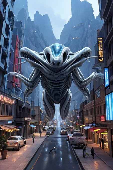 realistic, hyperrealistic, high quality, best quality, scifi town, alien metamorphosis