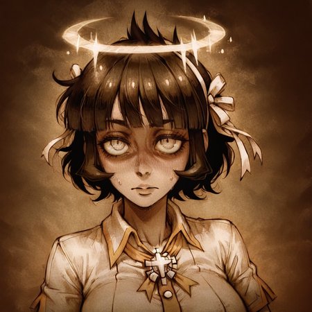 masterpiece, best quality, newest, absurdres, highres, D3CSPS-V1.0, brown theme, sepia, 1girl, azazel_(helltaker), short hair, black hair, halo, white shirt,