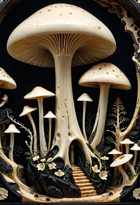 mushroom made out of, ebony, ivory, scrimshaw, bone carving, 
light reflection, cave background, luminescent, 
depth of field, dramatic lighting, detailed shadows, 
blurry background, extreme close up, intricate detail,
 <lora:Ebony_and_Ivory_Scrimshaw_style_-_SDXL:1>, masterpiece, best_quality, amazing_quality, very_aesthetic, 8k, high_quality, highres, absurdres, subject_focus,