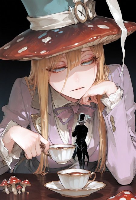 masterpiece, best quality, good quality, newest, highres, absurdres, volumetric lighting,gradient color,
BREAK 
raytracing, volumetric lighting, ambient occlusion, girl, background, masterpiece, best quality, very awa, absurdres, model style, 
BREAK
Mad Hatter, mushroom hat, teacup, suit
BREAK
masterpiece,amazing quality,best quality,ultra-detailed,8K,illustration,CG,shiny hair,clear skin,ultra-detailed-eyes, background,cute girl, eyelashes