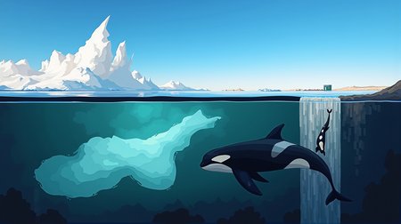 An enchanting scene capturing the Arctic wilderness. Above water, towering icebergs and expansive ice sheets under a clear, blue sky. Below water, a majestic Orca swims dynamically with power in the crystal-clear, icy waters of the Arctic Ocean. The artwork showcases the pristine, captivating beauty of the Arctic landscape both above and below the waterline. Oil painting, highly detailed and vivid colors, various shades of blue, and stunning light reflections. digital art, digital painting, matte painting.