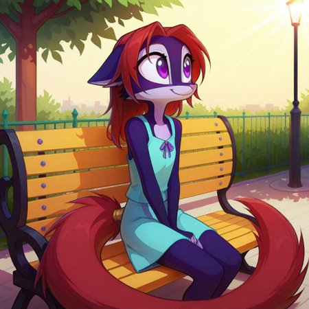 Dreamkeepers,Indi_and_Digo,1girl,solo,furry,tail,source_furry,,red hair,purple fur, purple eyes,masterpiece, 
kid, child, 
sitting, park_bench, sitting on bench, swinging_legs, cheerful_expression, long_hair, casual_clothing, outdoors, sunshine, relaxed_pose, warm_sunlight, gentle_breeze, soft_focus, detailed_background