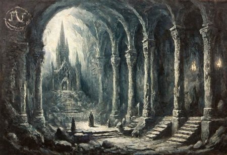 mines of moria underground, abstract temple in the unthinking depths, 
overgrown cave and ruined walls, Nordic dungeon, cave ruins concept art, demonic runes and incantations carved into the dark souls catacomb, Skyrim, the elder scrolls, arx fatalis, dungeons and dragons,