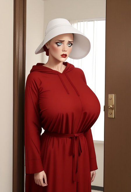 score_9, score_8_up, score_7_up, score_6_up, adult beautiful woman,   (chiaroscuro lighting) 
source_cartoon,   f3rn4nd0, (line art), 
 solo, 
apartment, 
 (1female),  coed 
 H4NDM41D,
 red dress, hood, red_robe, hooded_robe, bonnet, white_headwear,
(gigantic breasts), (huge gigantic breasts), fully clothed, skintight, 
blond hair,
red lipstick, long eyelashes, slutty makeup,  mascara
(blushing),  very sad eyes, 
(extremely thin), (skinny thin), (anorexic thin), tiny waist, 
standing in doorway,