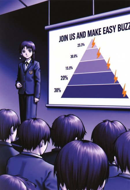 Anime drawing of Lain Iwakura standing confidently on the stage in a sleek, tailored business suit, her figure highlighted by the soft spotlight as she addresses a large, attentive crowd seated before her. A headset microphone wraps around her ear, conveying her role as a dynamic speaker, and her expression is serious yet engaging, capturing the audience's full attention as she explains complex ideas. Behind her, a large PowerPoint screen fills the background, displaying a bold pyramid chart that ascends in structured levels, each labeled with specific figures followed by small, bright orange lightning bolt icons, adding a touch of vibrant energy to the presentation. At the top of the screen, in large, attention-grabbing letters, the title "JOIN US AND MAKE EASY BUZZ" sets the tone of ambition and opportunity. The audience watches in focused silence, captivated by her insights, as the conference room's dim lighting accentuates the glow from the screen and the energetic presence of Lain iwakura on stage. The atmosphere is charged with anticipation, as if her words are on the verge of revealing a groundbreaking concept.