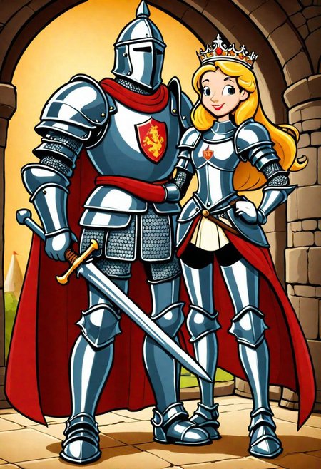 rubber_hose_character, cartoon, medieval princess and a knight in armor,
