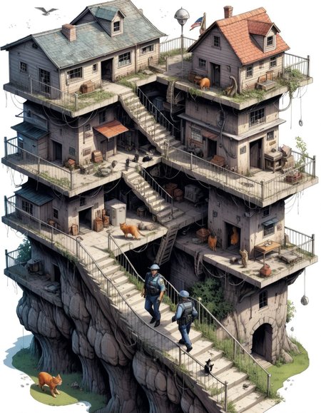 a realistic photo of gigantic correctional officer stumbling across Cat, villages across nubile landscape of holes and linked features in meshes , matte, <lora:IPXL_v2:0.3> inkpunk, <lora:Isometric Cutaway:0.8> Isometric Cutaway page,  <lora:Astigmatism_0.5b:0.33>,  <lora:add-detail-xl:2>