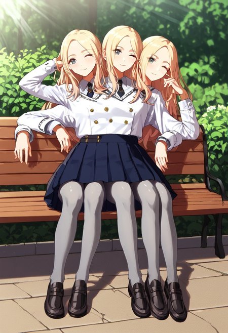 ((1girl)), ((8arms, three heads, six legs, trileg)),  score_9, score_8_up, score_7_up, score_6_up, score_5_up, score_4_up, shiny skin, leg focus, cowboy shot, juosena, (( grey pantyhose)), loafers, fully clothed, casual, sitting on bench, slender legs,  ((one eye closed)), looking at viewer, outdoors, garden, [shadows], light rays, Expressiveh