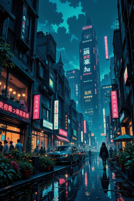 a futuristic cyberpunk club beautiful  landscape, rainy day, woman, very intricate, very detailed, sharp, bright, colorful, <lora:Hand v2:0.5> <lora:Anti-Blur:1><lora:Insane Detail Slider:0.25>  <lora:flux.1_lora_flyway_Epic-detail_v2:0.3> <lora:fluxenhancer:0.25> <lora:ROWER:0.6> <lora:flux-charmer-v1-1:0.4><lora:Vibrantly_Sharp_style_v.5:0.4> <lora:The_Dark_Side_Of_The_Future:0.3> <lora:Anime_style:0.8> anime style