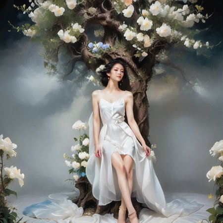 <lora:add-detail-xl:1.0>, 1girl, barefoot, dress, solo, jewelry, anklet, black hair, white dress, tree, flower <lora:LangV1:0.7>, <lora:RuanV1:0.6>,
