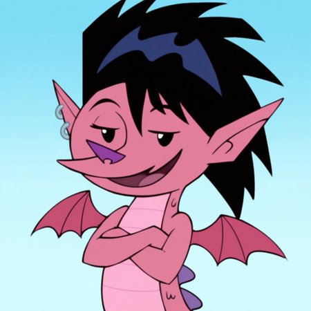 score_9, score_8_up, score_7_up, Expressiveh, masterpiece, best quality, highly detailed, realistic, zPDXL3, 1girl, solo, (HaleyLongAlt, female furry, furry, anthro, dragon, scalie, black hair, medium hair, spiky hair, green earring, black eyes, white pupils, purple nose, pink body, pink scales, small wings, pink wings, pointy ears, tail), ((close-up, upper body, standing)), smile, tongue, open mouth,  blue background, simple background, (looking at viewer), arms crossed, narrowed eyes