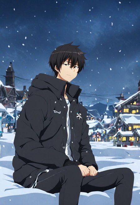 high resolution, solo, best quality, 1Boy, Kanie Seiya, Black Hair, chilling, snow town, winter jacket, OverallDetail