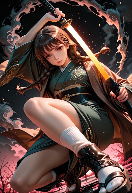 SmoothNoob_Quality, dynamic composition, 1girl, hand on katana, unsheathing, kimono, dark green kimono, Haori, reddish brown haori, Obi, sash, long white socks, sandals, solo, brown hair, curly shoulder-length brown hair, front twin braids, looking at viewer, bangs, greyish-brown eyes, long hair, closed mouth, embers, black background, boots, dynamic pose, dutch angle,foreshortening, twilight, glowing, ink background, abstract background, bright colors, dark, pink theme, gray smoke, neon trim,