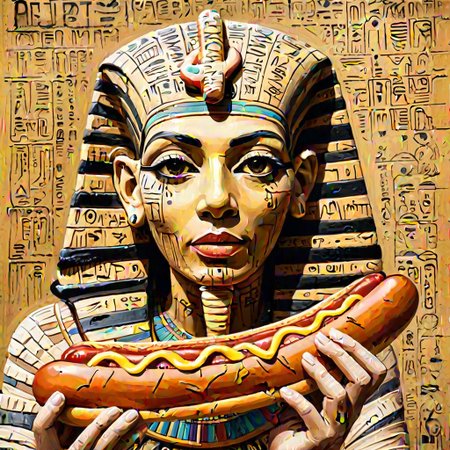 versotiste Egyptian mummy eating a hot dog, graffiti, huge handwritten hieroglyphs text,