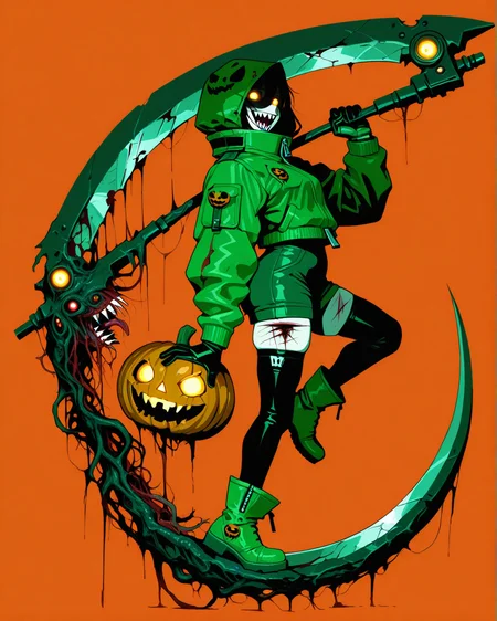 masterpiece,best quality,amazing quality, 1girl, solo, looking at viewer, simple background, long sleeves, gloves, thighhighs, holding, jacket, full body, weapon, boots, teeth, black gloves, black thighhighs, holding weapon, from side, glowing, glowing eyes, science fiction, zipper, halloween, green jacket, orange background, jack-o'-lantern, ankle boots, scythe, pumpkin, over shoulder, green footwear, green gloves, weapon over shoulder, holding scythe, haiz_ai, in the style of cknc, Flatline, Flat vector illustration, horror, madness, bloody, abomination, sharp teeth, veins, trauma, cuts, scratches, crazy smile,  <lora:se_v1_horror:0.8>