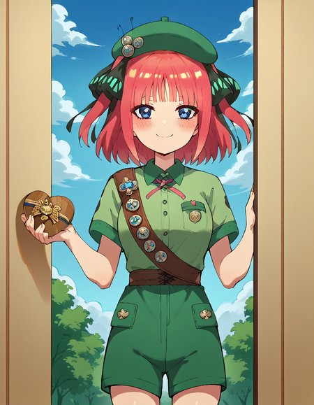 score_9, score_8_up, score_7_up, source_anime, <lora:nnakano-s2-ponyxl-lora-nochekaiser:1>, short hair, bangs, blue eyes, hair ornament, hair ribbon, pink hair, blunt bangs, two side up, butterfly hair ornament, large breasts,, <lora:girl-scout-uniform-ponyxl-lora-nochekaiser:1> girl scout uniform, badge, beret, breast pocket, girl scout, green hat, hat, short sleeves, shirt, green shirt, shoulder sash, medal, button badge, uniform, shorts, green shorts, short shorts, kneehighs,, smile, blush, looking at viewer, blue sky, clouds, entrance, doorway, <lora:incoming-gift-ponyxl-lora-nochekaiser:1>, incoming gift, outstretched arms, holding, holding box, box, cardboard box,, cowboy shot,