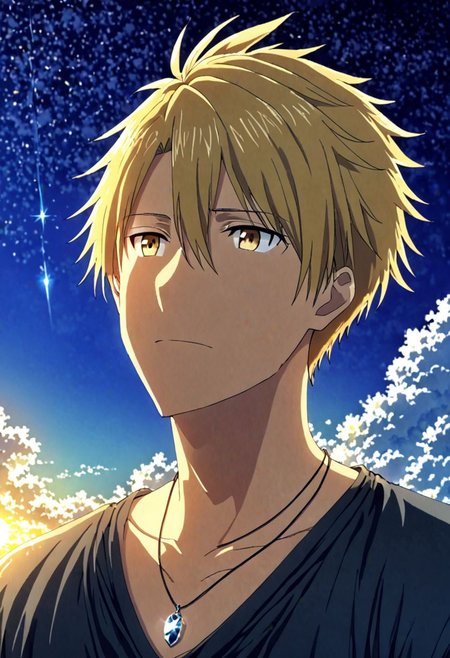 high resolution, solo, best quality, 1Boy, Yamato Ishida, Blond Hair, Necklace, glomySky, OverallDetail