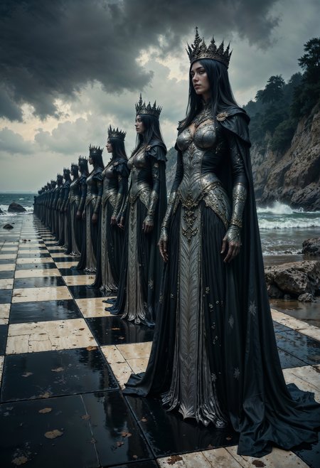 taken from a low angle, captures an enchanting scene featuring a line of intricately designed chess pieces on a checkered board leading towards the ocean. The chess pieces, positioned in a row, are all female figures dressed in elaborate, flowing gowns with detailed patterns, resembling Victorian or Gothic styles. Each figure is adorned with a regal crown, enhancing their majestic appearance. The gowns are dark, likely black or deep grey, with shimmering, metallic textures that catch the light. The chessboard beneath them is classic, with glossy black and white squares, but appears worn, with some squares slightly discolored and others reflecting the surrounding environment. The background showcases a moody, overcast sky with dark, heavy clouds, and the ocean waves gently crashing against the shore, adding a dramatic and somewhat melancholic ambiance. The overall color palette is muted, dominated by dark tones and grays, creating a somber yet captivating mood. The photograph is highly detailed, capturing the textures and reflections of the metal and the smooth, glossy surface of the chessboard. The chess pieces' faces are serene and contemplative, adding an element of mystery to the scene. The image exudes a sense of timeless elegance and mystery, blending fantasy with reality.