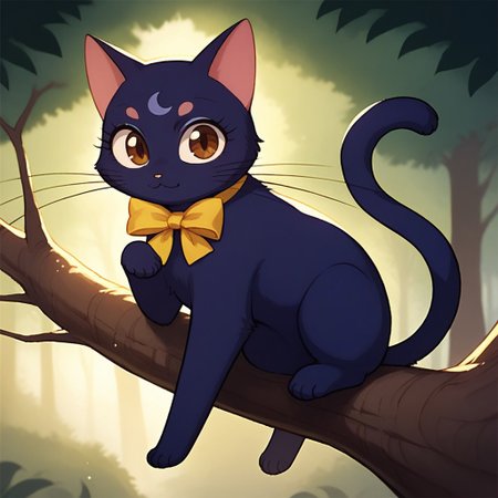 score_9_up, score_8_up, cat, furry, anime, whiskers,  Luna, female, solo, dark purple fur, crest on forehead,
She wears a yellow ribbon around her neck, no human, full body,brown eyes,She sits on the branch of a tree in an enchanted fantasy forest, look at the viewer,