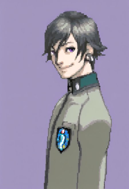 masterpiece, best quality, solo, looking at viewer, 1boy, <lora:Ace-Attorney-Portraits-illus_Fp:1>, portrait, upper body, pixel art, simple background, <lora:Naoya-illus_Fp:1>, naoyap1, black hair, purple eyes, school uniform, emblem, single earring, smile, from side,