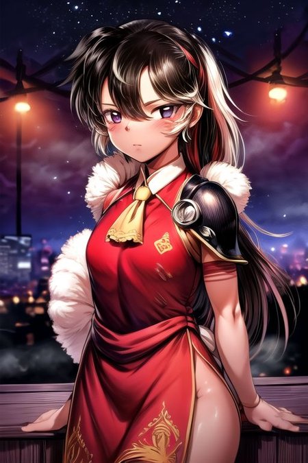 best quality 1girl Setsun4 solo long hair,  (night time) forest background black hair very long hair purple eyes multicolored hair armor, small, (fur trim) (medium body),<lora:EMS-179-EMS:0.800000>,<lora:EMS-293862-EMS:0.800000> bow, hair_bow, hair_tubes, red_bow, brown_hair, long_hair, bangs, ascot, frilled_bow, yellow_ascot, blush, smile, hair_between_eyes, athletic, armor, miko, ,(((intricate outfit,intricate clothes,embroidered outfit,ornate outfit,embroidered clothes,ornate clothes))), strengthmda, crossed arms,