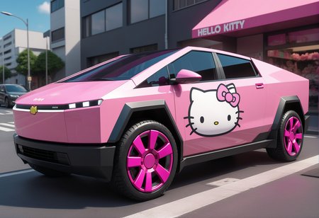 kawaii pink cbrtk car , hello kitty<lora:Object_Cybertruck-SDXL:0.5> high detail, best quality, 8k resolution