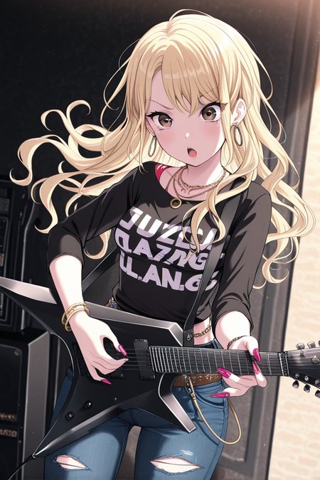 masterpiece, best quality, amazing quality,
<lora:Touko_IL:1> touko, 1girl, blonde hair, instrument, jewelry, jeans, pants, guitar, torn clothes, long hair, solo, brown eyes, torn pants, bracelet, denim, earrings, necklace, open mouth, gyaru