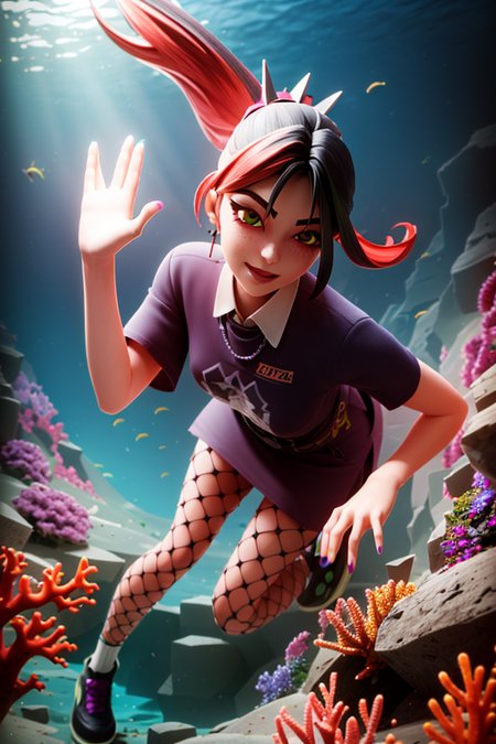 xxx, <lora:Helsie:0.7>, xyzhelsie, floating, underwater, coral, water, glow, ambient occlusion, 1girl, purple clothes, skirt, fishnet, shoes, rainbow nails, holding a rock