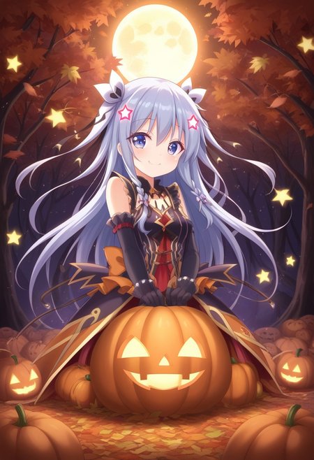 masterpiece, highest quality, (cute girl:1.3) in a (colorful:1.2) Halloween costume, (smiling:1.1), surrounded by (glowing jack-o'-lanterns:1.2), (full moon:1.1), whimsical, playful, autumn leaves, (sparkling:1.0) stars, enchanting forest background, (soft lighting:1.2), by (Tim Walker:1.4), vibrant colors, dreamy atmosphere.